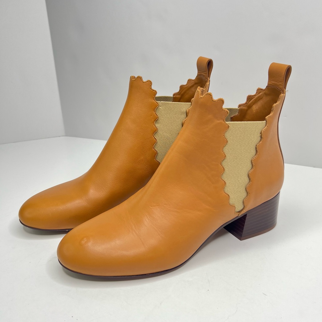 Chloe Lauren Tan Leather Scalloped Ankle Boot Bootie Size Eu 38.5